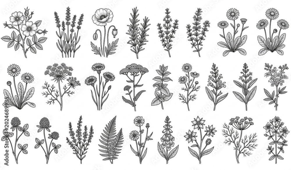 Fototapeta premium Wild flower and herb vector collection with hand drawn botanical plant illustrations isolated on white