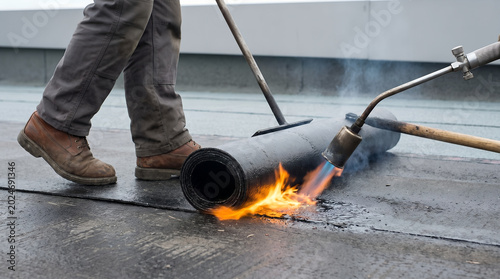 Roofer installing bituminous membrane roll on flat roof using gas torch during waterproofing works