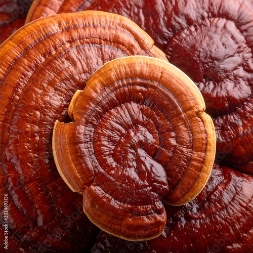 Close up of reishi mushrooms showcasing natural textures and colors