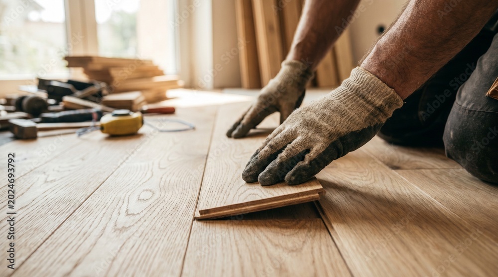 Obraz premium Primer plano de las manos de un trabajador con guantes instalando suelo laminado de madera. Concepto de renovación del hogar, construcción y bricolaje.