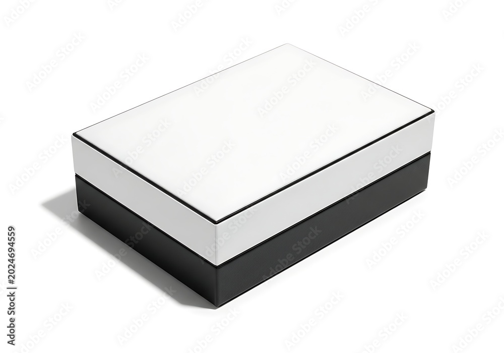 Fototapeta premium Isolated rectangular jewelry gift box with white lid and textured black base, empty packaging container for luxury items