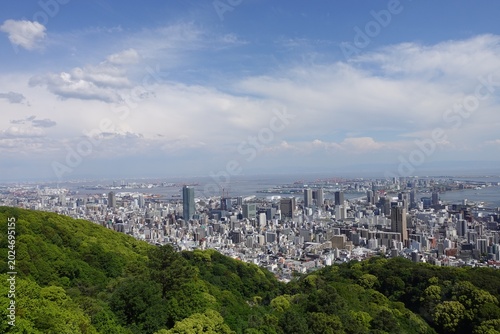 Photography japan kobe hyogo Harbor city panorama between mountain and sea coast view