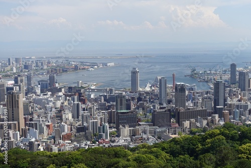 Fotografi japan kobe hyogo Harbor city overlooking bay with skyline buildings aerial view