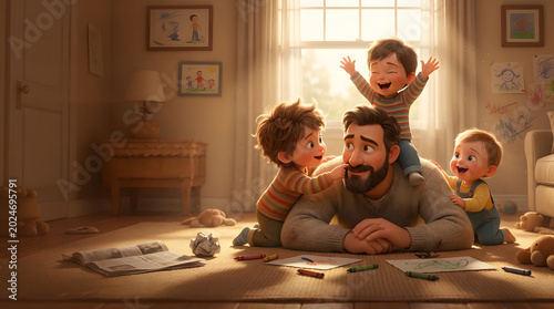 Happy Father Playing with Children at Home in Warm Cozy Family Scene