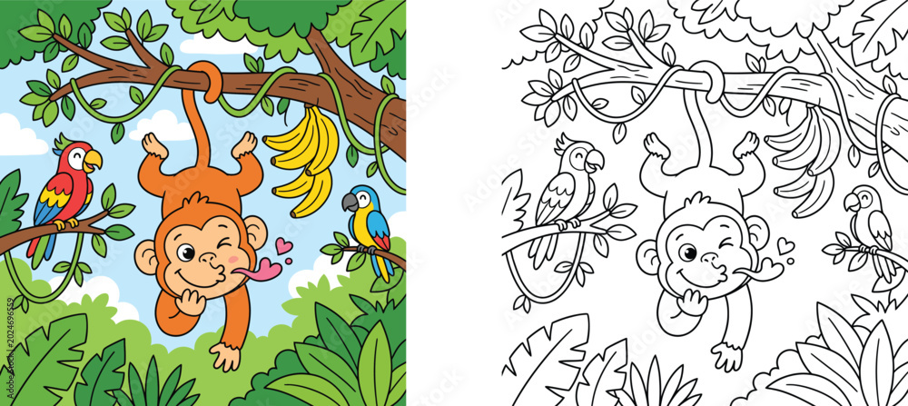 Fototapeta premium Cute Monkey Hanging Upside Down in Jungle with Parrots and Bananas Coloring Book Page for Kids, Vector Illustration of Tropical Animals with Colored Example and Line Art