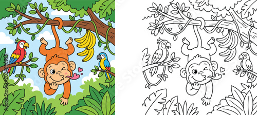 Canvas Print Cute Monkey Hanging Upside Down in Jungle with Parrots and Bananas Coloring Book
