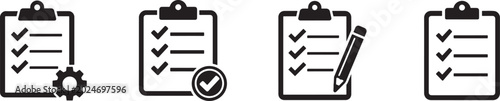 Tableau sur toile Clipboard checklist icon with gear, magnifier and pencil for quality check, tasks and inspection