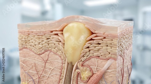 Close-up 3D rendering of skin layers with a prominent sebaceous cyst, depicting epidermis, dermis, hair follicle, glands, nerves, and vessels.