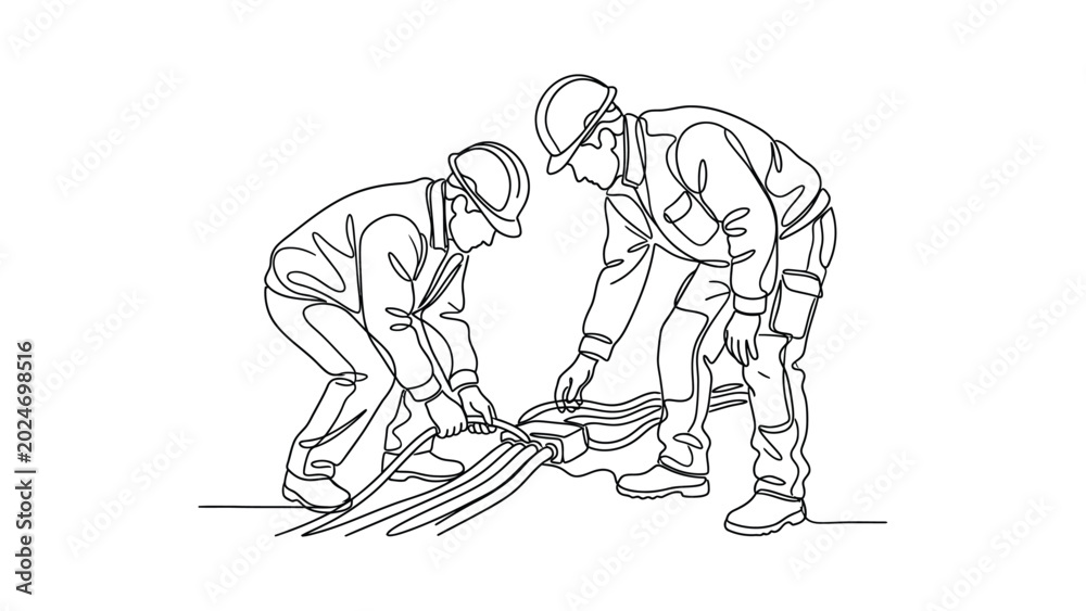 Obraz premium continous line art Two construction workers handling a wooden plank.