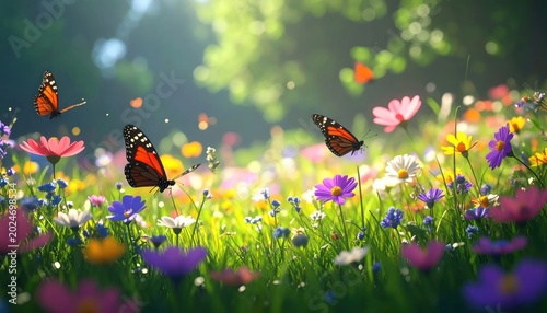 Vibrant Meadow with Butterflies in Full Bloom.