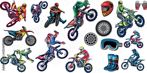 Foto Motocross Rider Vector Collection Extreme Motorcycle Racing Illustration Set
