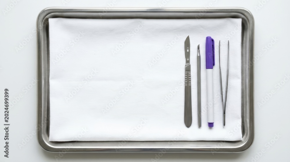 Naklejka premium Surgical tray with instruments including scalpel forceps and marker on white cloth