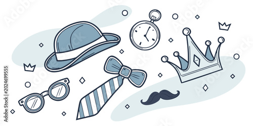 Photos Gentleman accessories set with bowler hat pocket watch glasses and necktie for f