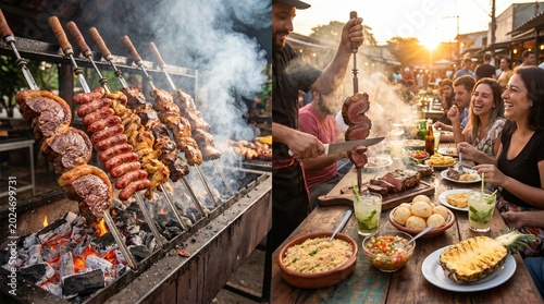 A vibrant split-image collage showcases a traditional Brazilian churrasco barbecue, with skewers of succulent meat grilling over open flames on the left.