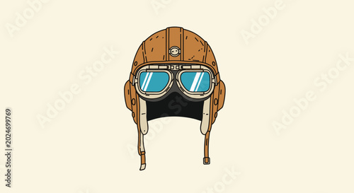 Slika na platnu Vintage style brown leather aviator helmet with goggles shown in a detailed flat illustration on a cream background