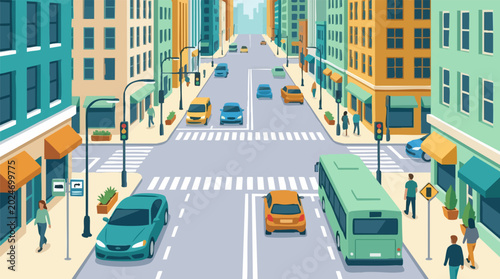Isometric city street scene with cars, bus, pedestrians, and buildings