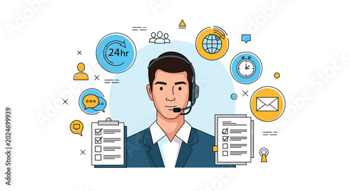 Cuadro en lienzo Male call center representative wearing a headset surrounded by various communication and customer service icons