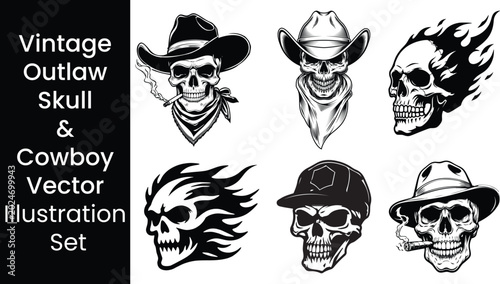 Obraz na płótnie Vintage outlaw cowboy skull and flaming biker skeleton vector illustration set