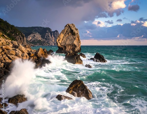 Dramatic ocean waves crash against rocky shore