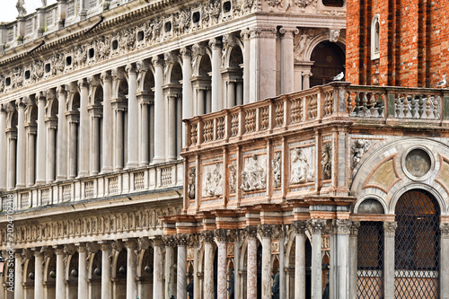 Loggetta di Sansovino and Biblioteca Marciana architecture on St Mark Square in Venice