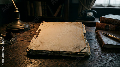 Foto Old vintage paper on a dark wooden desk with antique books and a lamp in a dimly