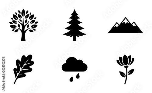 Tablou pe pânză Nature Icons Set: Tree, Pine, Mountain, Leaf, Cloud, Flower, Vector Graphics for