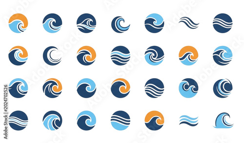 Collection of 25 wave logo designs in navy blue light blue and orange on white background