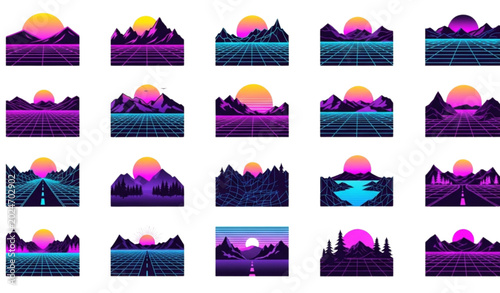 Foto Synthwave landscape collection 15 retro vector graphics for 80s inspired designs