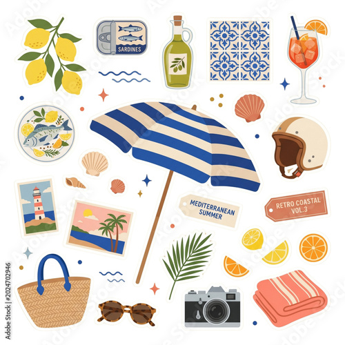 Mediterranean Summer Coastal Sticker Pack Vector Set with Retro Vacation Icons