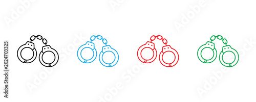 Handcuffs police arrest and criminal justice icon set. Law enforcement restraint, prison jail confinement, crime punishment guilt symbol. Vector Illustration