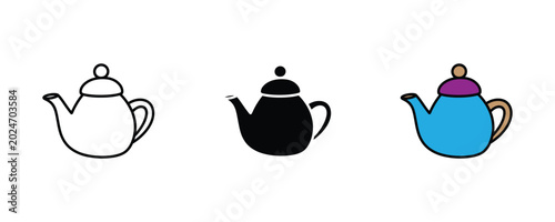 Teapot kettle and kitchenware drink icon set. Hot beverage brewing, breakfast restaurant catering, ceramic tea coffee pot symbol. Vector Illustration