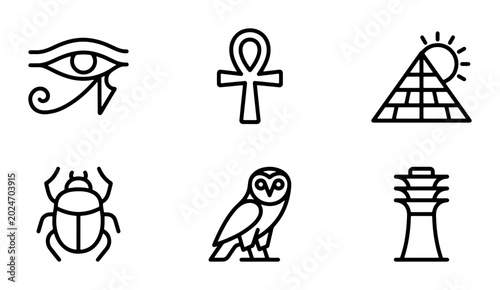 Schilderij op canvas Ancient Egyptian Symbols Vector Icons: Eye of Horus, Ankh, Pyramid, Scarab, Owl,
