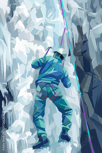 Rock climber ascending frozen waterfall. Extreme sports and perseverance concept. Sport painting illustration.