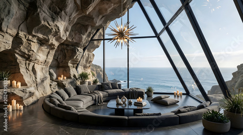 Futuristic Luxury Cave Lounge with Ocean View Windows