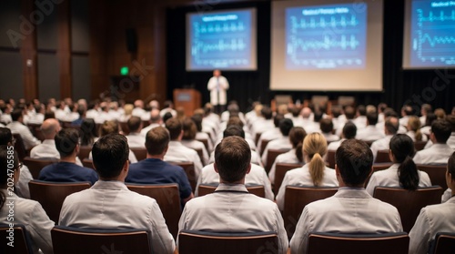  Vista posterior de una multitud de médicos en batas blancas asistiendo a una conferencia médica. Audiencia de profesionales de la salud en un simposio en un gran auditorio, con un presentado.r.
