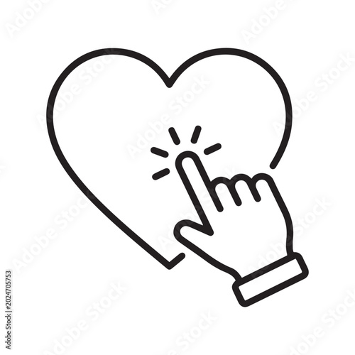 Fotografie Minimalist black line art icon of a hand pointer clicking a heart, representing social media interaction, love, likes, and favorites