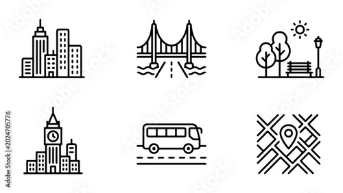Foto Cityscape Icons, Urban Landmarks, and Transportation Symbols