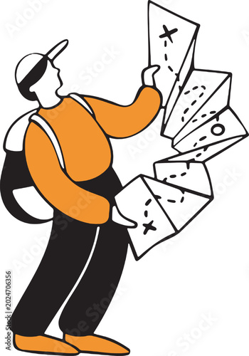Photos Cartoon vector illustration of a men see map.