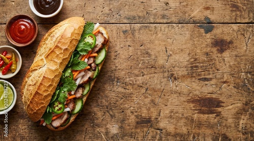 Banh mi sandwich top view food photography on rustic wooden background with copy space