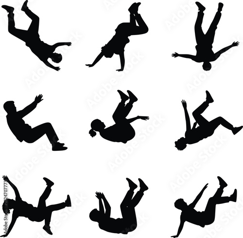 Obraz na plátně Collection of nine isolated black silhouettes showing people floating falling tumbling down or soaring through the air in dynamic midair poses vector illustration