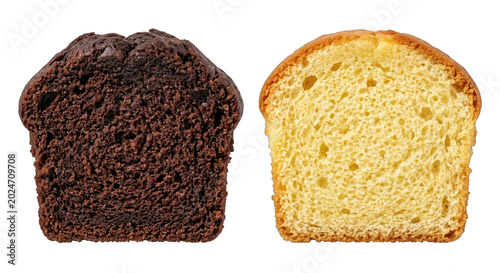 Two Halved Muffins: Rich Chocolate and Light Vanilla Cake, Isolated on White Background