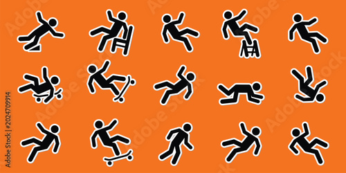 Photos Collection of stick figure icons showing various falling accidents, slipping, tripping, and falling from height