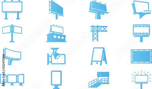Outdoor advertising billboard and signage icons showing various display structures and ads.