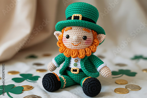 Crochet Leprechaun Amigurumi Doll Sitting with Gold Coins and Shamrock Clovers, Handmade Saint Patricks Day