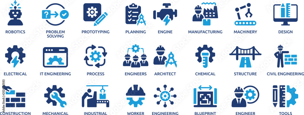 Fototapeta premium Engineering and Industrial Technology Blue Icons Set for Manufacturing Construction Robotics and Mechanical Design