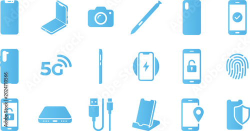 Set of smartphone icons, mobile technology, and communication device symbols.