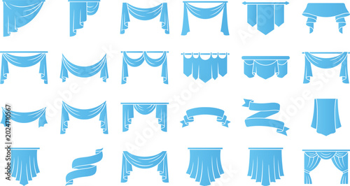 Set of curtain drapes and fabric swags for home decor and stage design.