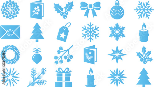 Set of blue christmas and winter holiday icons on a white background.
