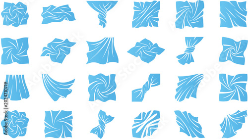 Set of blue fabric folds and drapery elements isolated on white background.
