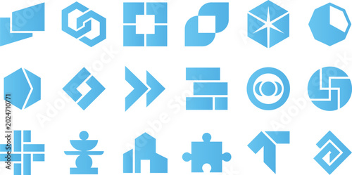 Set of abstract blue geometric shapes and icons isolated on white background.